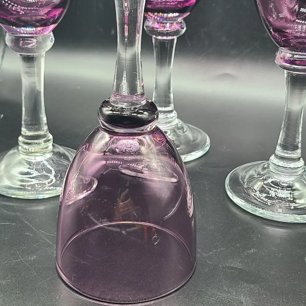 set (4) Vintage Wine Glasses  Amethyst Purple Goblets Barware 7 oz 7.75